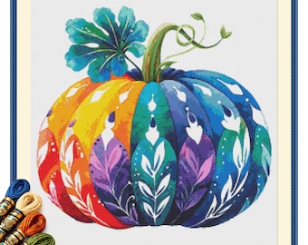 Modern Folk Pumpkin Cross Stitch Pattern PDF, Colorful Autumn Decor