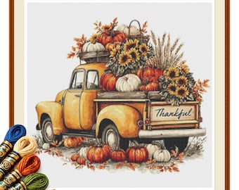 Thankful Harvest Truck Cross Stitch Pattern PDF, Pumpkins and Sunflowers