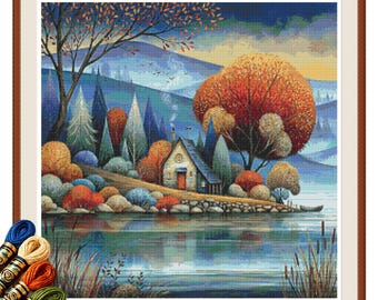 Autumn Shore Cottage Cross Stitch Pattern PDF, Colorful Woodland Landscape, Fall Needlework