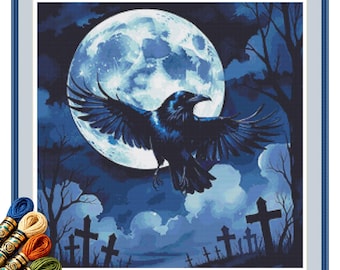 Moonlit Raven Flight Cross Stitch Pattern PDF