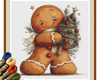 Gingerbread Man Hugging a Christmas Tree Cross Stitch Pattern PDF
