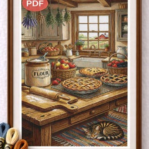 Patrón de punto de cruz en PDF para hornear en una cocina rústica: Escena de preparación de pastel de granja.