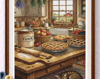 Cuisine rustique, pâtisserie, point de croix, PDF, scène de cuisine pour tarte à la campagne
