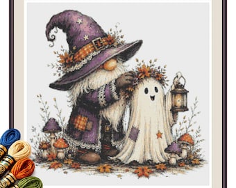 Halloween Gnome and Lantern Ghost Cross Stitch Pattern PDF