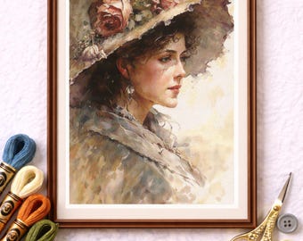 Romantic Lady Cross Stitch Pattern PDF, Victorian Woman Portrait with Floral Hat.