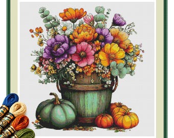 Autumn Flower Bucket Cross Stitch Pattern PDF, Colorful Pumpkin Harvest Bouquet