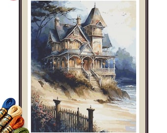 Seaside Mansion 1 Cross Stitch Pattern, Coastal House PDF.
