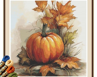 Watercolor Autumn Pumpkin Cross Stitch Pattern PDF, Rustic Harvest Decor