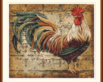 Vintage kruissteekpatroon haan 1: pdf-borduurwerk met boerderijhaan.