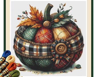 Buttoned Patchwork Pumpkin Cross Stitch Pattern PDF, Rustic Autumn Folk Art