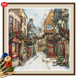 Christmas Street Scene 1 Cross Stitch Pattern: Holiday Village PDF Chart.