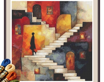 Woman on Colorful Stairs Cross Stitch Pattern  PDF, Abstract Village