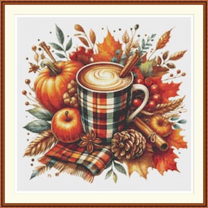 Autumn Coffee Mug 4. Cross stitch pattern PDF, Autumn pattern, Floral Mug, Cross stitch chart, Embroidery pattern, Floral design, Pumpkin.
