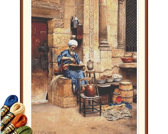 The  Street Merchant Cross Stitch Pattern, Oriental Market Scene, Vintage Middle Eastern Embroidery PDF.