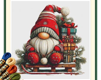 Christmas Sled Gnome Cross Stitch Pattern PDF, Holiday Gifts Instant Download