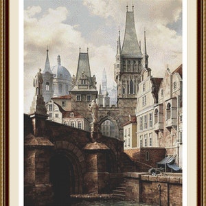 May include: A painting of a bridge over a river in a city with several buildings in the background. The buildings have pointed roofs and are painted in shades of brown and gray. The sky is cloudy and blue.