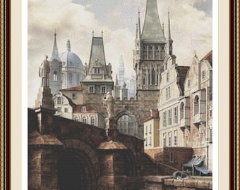 Old Prague Cross Stitch Pattern PDF – Historic City Architecture Landscape.