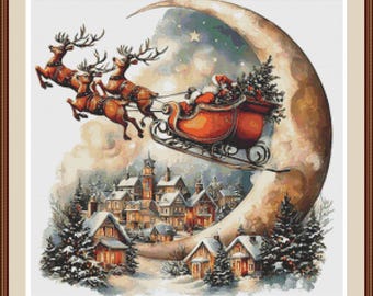 空飛ぶサンタクロースとトナカイのクロスステッチパターン（PDF