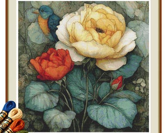 Bluebird Botanical Roses Cross Stitch Pattern PDF, Vintage Floral Garden Design