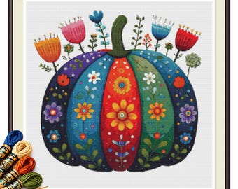 Volkskunst bloemen pompoen kruissteekpatroon pdf, kleurrijk herfstpompoendecor