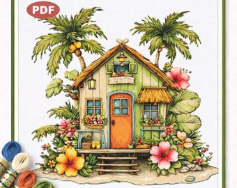 Tropical Beach Cottage, motif de point de croix PDF, motif de broderie côtière de l'île