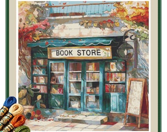 Cozy Autumn Bookstore Cross Stitch Pattern PDF, Fall Book Shop Library Scene