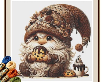 Chocolate Cookie Gnome Cross Stitch Pattern PDF, Cozy Dessert Needlework