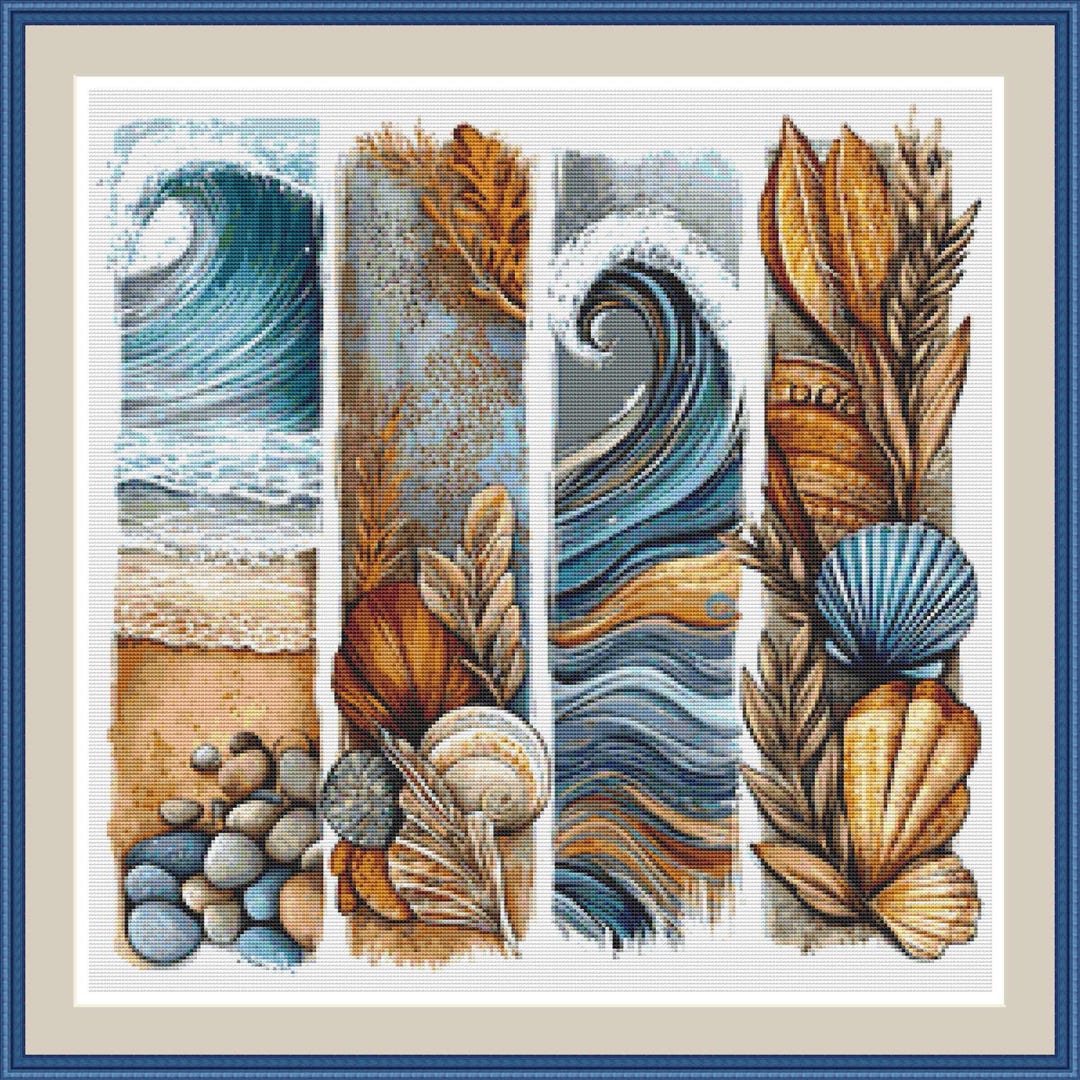 Seaside Scenes Cross Stitch Pattern: Ocean Waves and Shells Embroidery ...