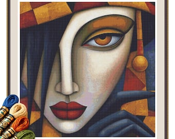 Woman with Dark Glove Cross Stitch Pattern PDF, Abstract Geometric Portrait