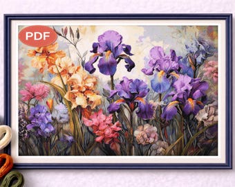 Schema per punto croce "Iris Flower Garden" in PDF, ricamo floreale viola