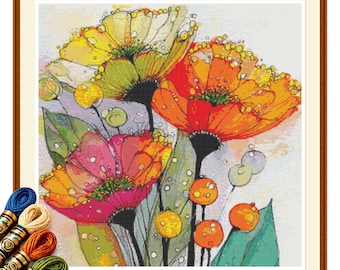 Bright Poppy Bouquet Cross Stitch Pattern PDF, Modern Botanical Watercolor