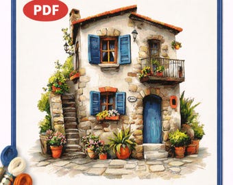 Maison méditerranéenne rustique, point de croix, maisonnette en pierre, PDF