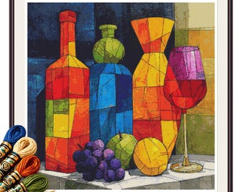 Geometric Wine Bottles Cross Stitch Pattern PDF, Colorful Grapes Still Life