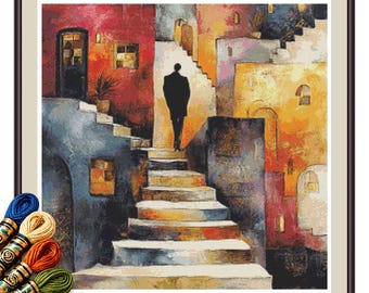 Man on Winding Steps Cross Stitch Pattern PDF, Abstract Town