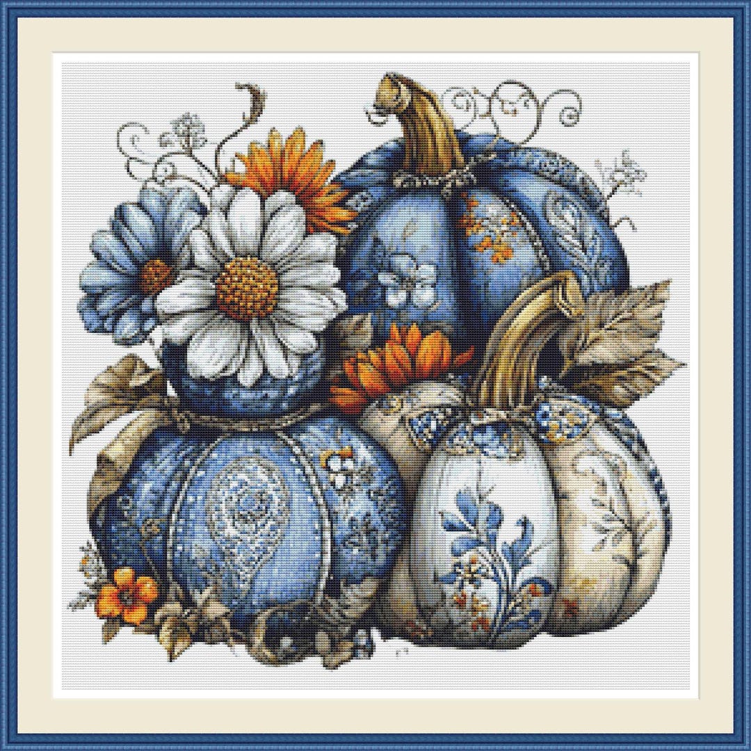 Pile Pumpkins 3 Cross Stitch Pattern PDF – Blue Floral Autumn ...