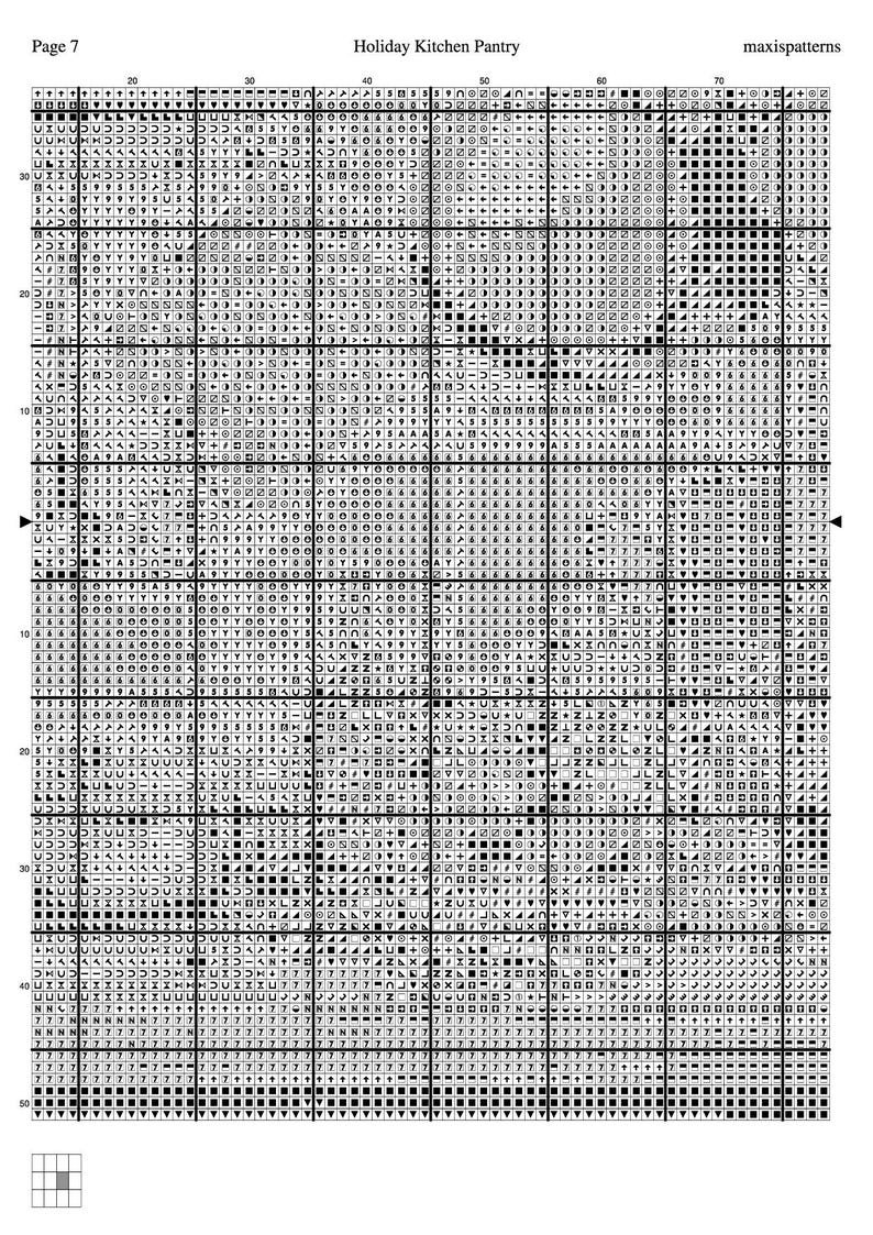 May include: A black and white cross stitch pattern chart titled Holiday Kitchen Pantry by maxispatterns on page 7. The grid features various symbols, letters, and numbers organized in columns and rows, with a small reference square at the bottom.