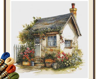 Charming Garden Cottage Cross Stitch Pattern, English Country House PDF, Floral Cottage