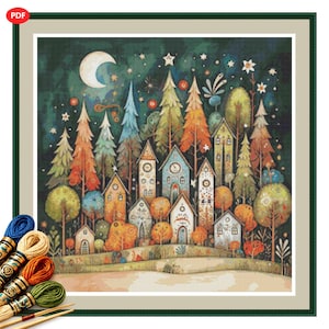 Whimsical Trees 4 Cross Stitch Pattern:  Whimsical Landscape Embroidery Chart.