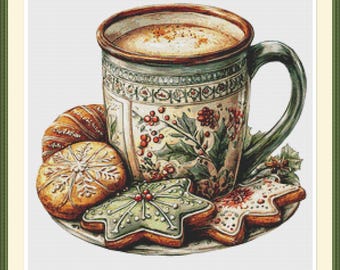 May include: A watercolor illustration of a festive scene featuring a large mug of coffee or hot chocolate, adorned with a floral and berry design. The mug is accompanied by an assortment of decorated cookies, including star and snowflake shapes, on a plate.