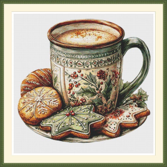Christmas Cocoa 3 Cross Stitch Pattern: Holiday Mug with Cookies, Cozy Winter Embroidery PDF