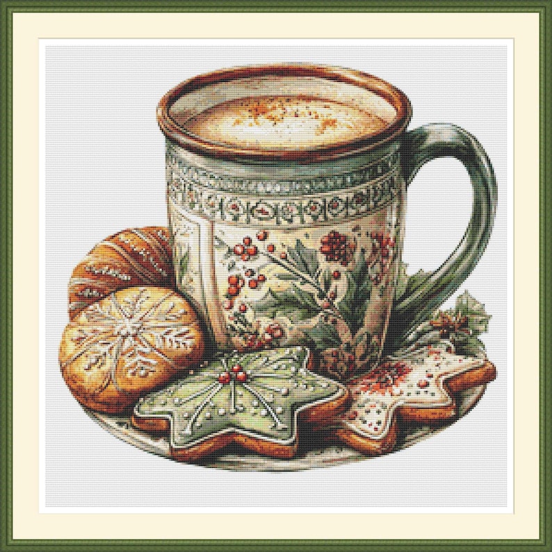 May include: A watercolor illustration of a festive scene featuring a large mug of coffee or hot chocolate, adorned with a floral and berry design. The mug is accompanied by an assortment of decorated cookies, including star and snowflake shapes, on a plate.