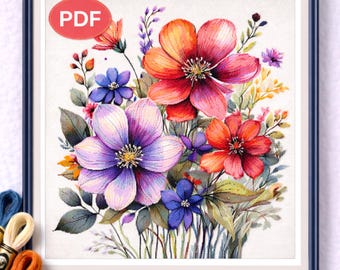 Modèle de point de croix aquarelle jardin floral, broderie de fleurs botaniques PDF à télécharger
