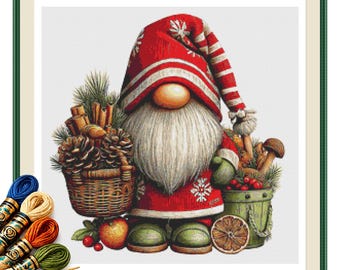 Cinnamon Basket Gnome Cross Stitch Pattern PDF, Rustic Christmas Instant Download