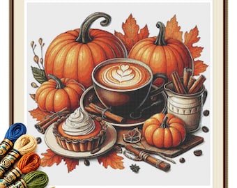 Pumpkin Spice Latte Cross Stitch Pattern PDF, Autumn Coffee Scene Instant Download
