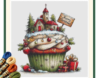 Christmas Church Cupcake Cross Stitch Pattern PDF, Snowy Holiday Decor