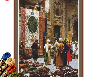Schema per punto croce "Il mercante di tappeti", scena di mercato orientale, ricamo vintage mediorientale in formato PDF.