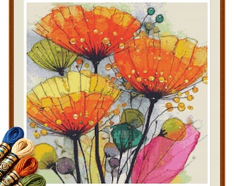 Golden Poppy Blooms Cross Stitch Pattern PDF, Abstract Watercolor Floral Art