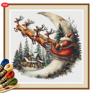 May include: A cross-stitch pattern featuring Santa Claus in a red sleigh pulled by four reindeer flying in front of a large crescent moon. Below the moon, a snow-covered house sits among evergreen trees. Four skeins of embroidery floss are included.