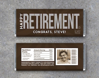 Happy Retirement Candy Bar Wrappers – Printable Hershey's wrappers personalized with name and photo on back – Retirement gift & party favors