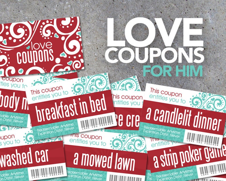 Love Coupons FOR HIM Printable Digital File Instantly print love coupons for Valentines Day, Anniversaries, or Just Because image 1